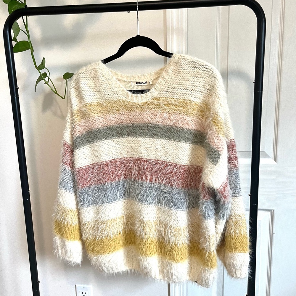 Rip Curl Women's Fuzzy Striped Sweater - Cream, Gray, Pink, Yellow